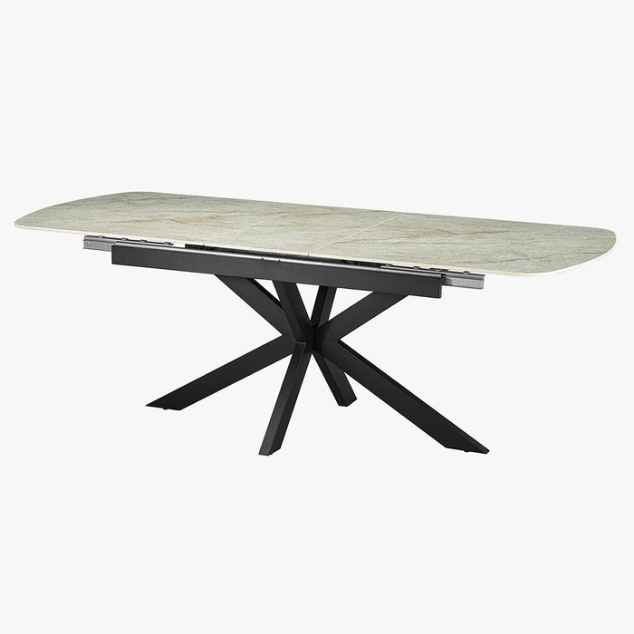 HESTIA Table extensible rectangulaire en pierre frittée beige pieds en métal noir 180-220 cm
