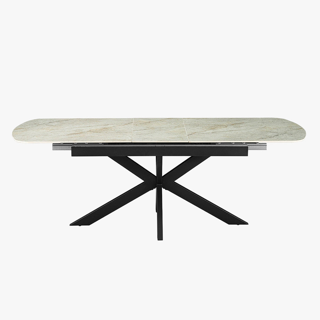 HESTIA Table extensible rectangulaire en pierre frittée beige pieds en métal noir 180-220 cm
