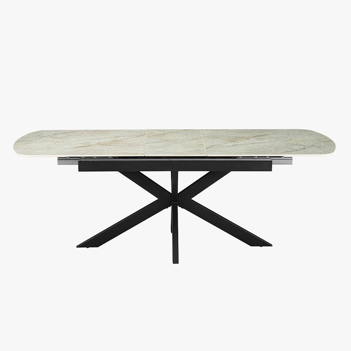 HESTIA Table extensible rectangulaire en pierre frittée beige pieds en métal noir 180-220 cm