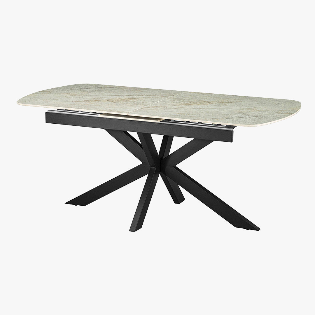 HESTIA Table extensible rectangulaire en pierre frittée beige pieds en métal noir 180-220 cm