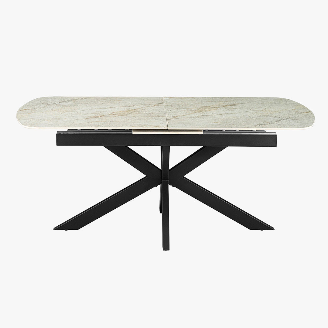 HESTIA Table extensible rectangulaire en pierre frittée beige pieds en métal noir 180-220 cm