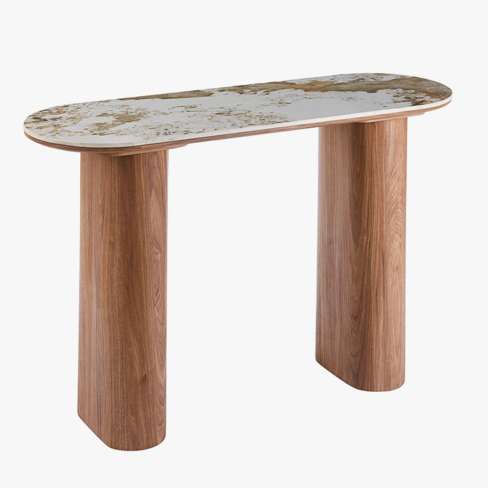 EVORA Console en pierre frittée blanc pieds couleur bois clair 120 cm