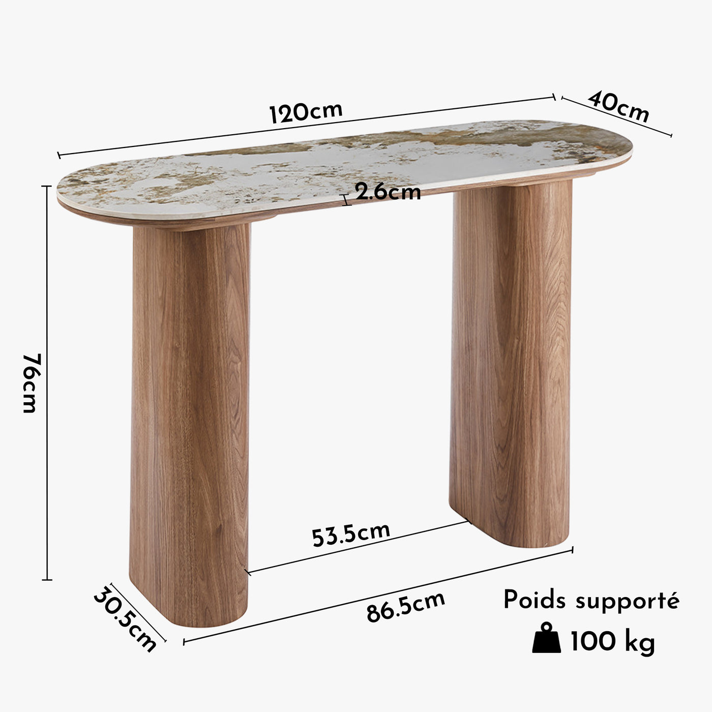 EVORA Console en pierre frittée blanc pieds couleur bois clair 120 cm