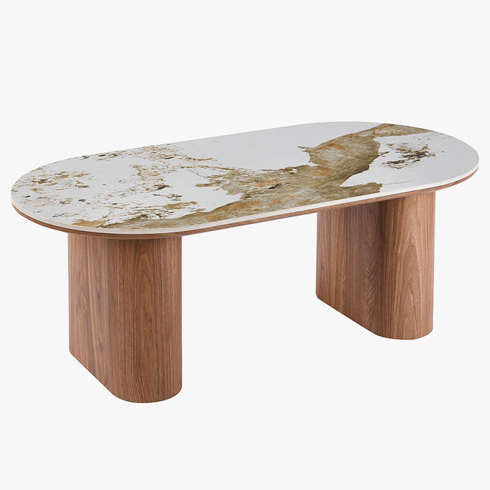 EVORA Table basse en pierre frittée blanc pieds couleur bois clair