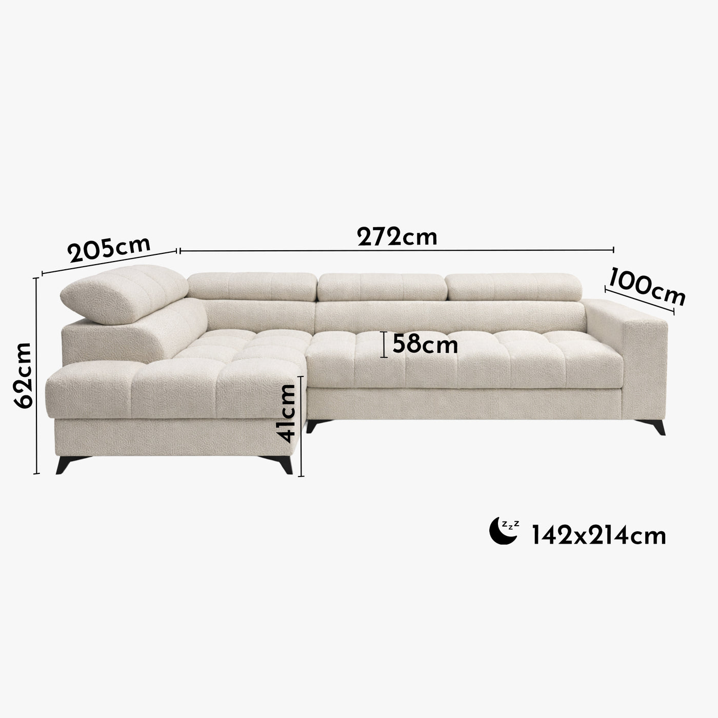 EMMA MINI Canapé d'angle convertible avec coffre et têtières relevables en tissu beige - Angle gauche