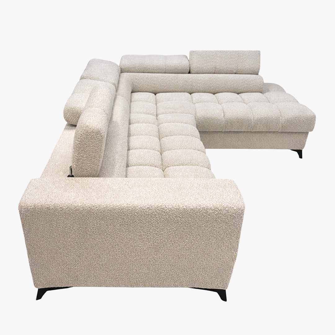 EMMA MINI Canapé d'angle convertible avec coffre et têtières relevables en tissu beige - Angle droit