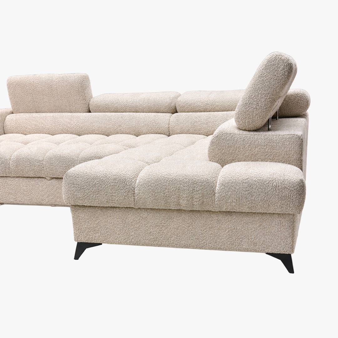 EMMA MINI Canapé d'angle convertible avec coffre et têtières relevables en tissu beige - Angle droit