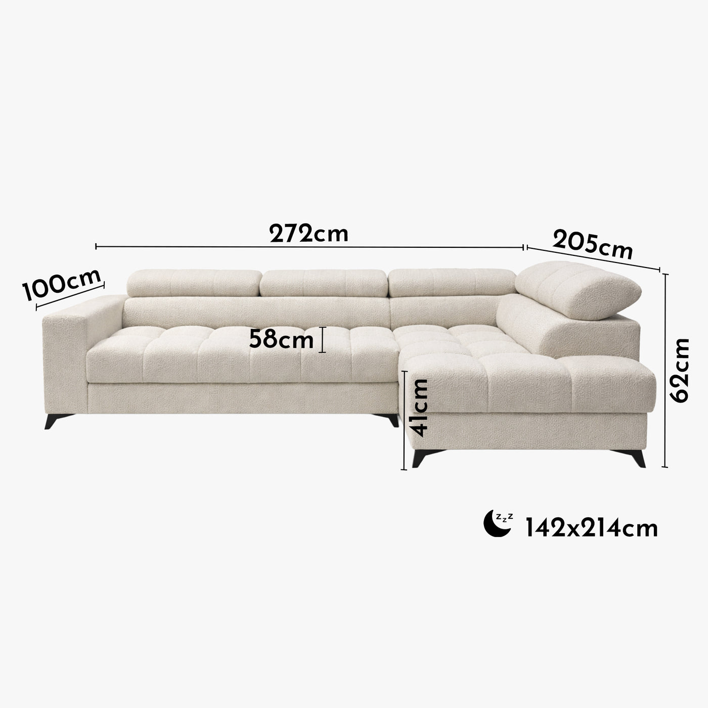 EMMA MINI Canapé d'angle convertible avec coffre et têtières relevables en tissu beige - Angle droit