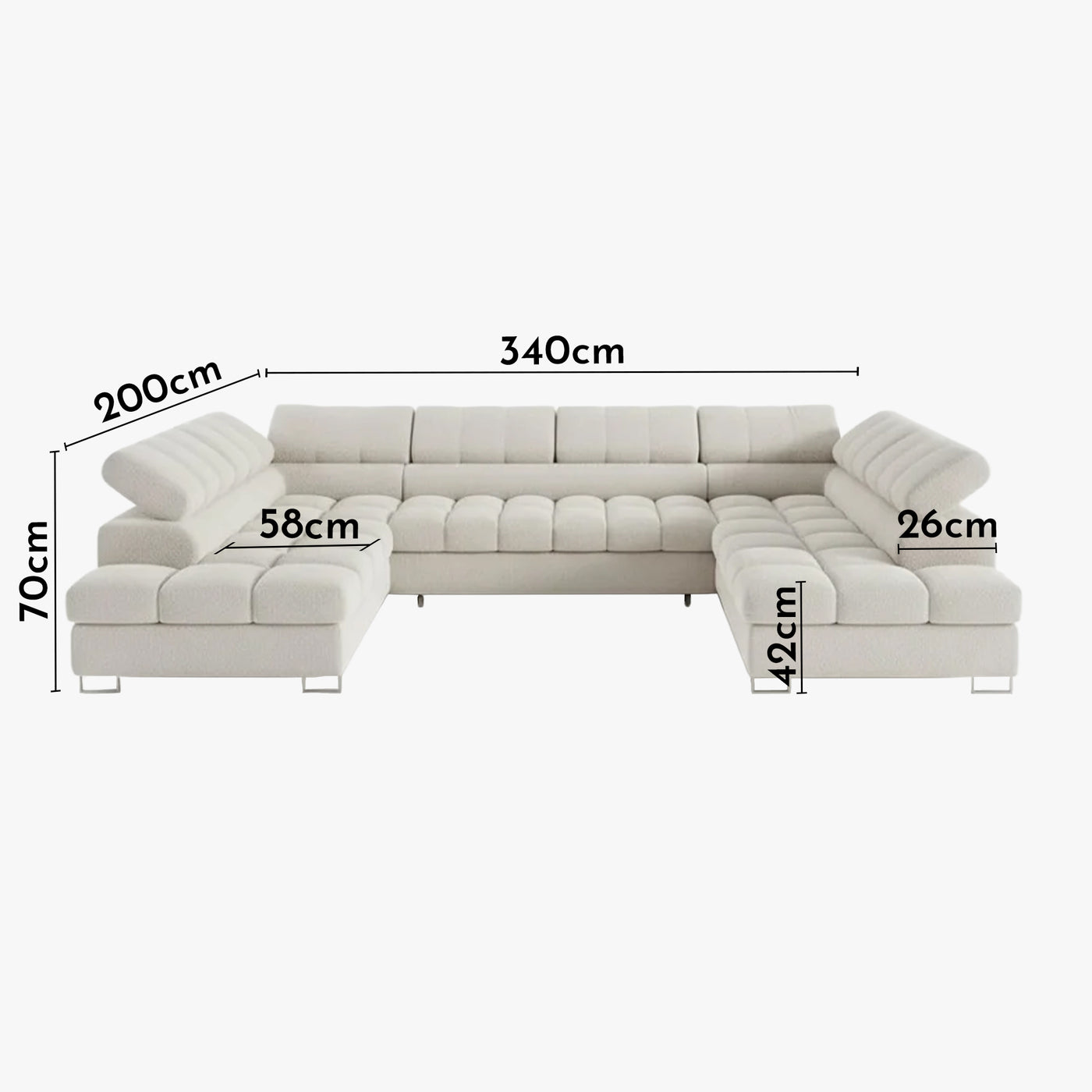 EMMA Canapé panoramique convertible avec 2 coffres et têtières relevables en tissu bouclette beige