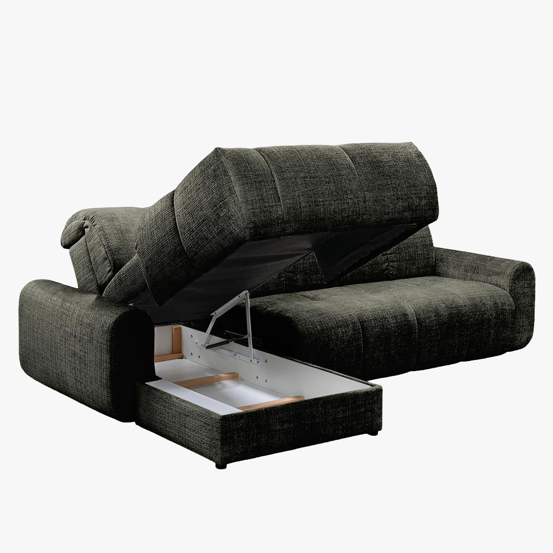 ELIOS Canapé d'angle convertible avec coffre en tissu vert sapin - Angle gauche
