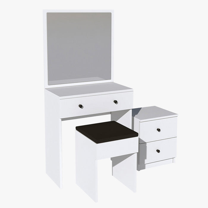 SABRIA Ensemble coiffeuse avec miroir tabouret et table de chevet blanc