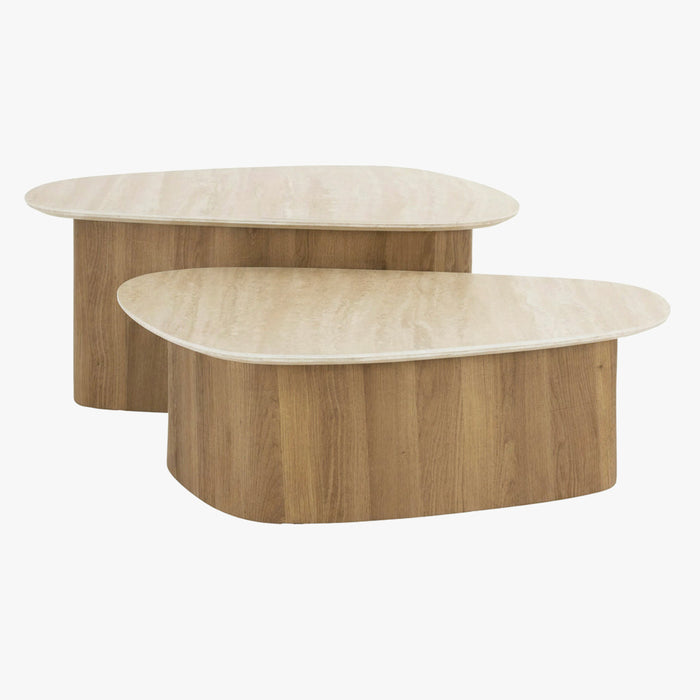 TIANA Lot de 2 tables basses en céramique beige pieds couleur chêne