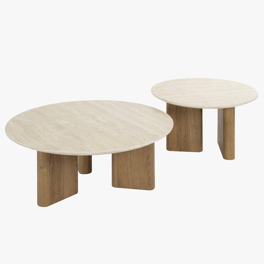 TIANA ROND Lot de 2 tables basses rondes en céramique beige pieds couleur chêne