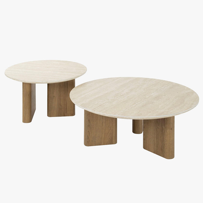 TIANA ROND Lot de 2 tables basses rondes en céramique beige pieds couleur chêne