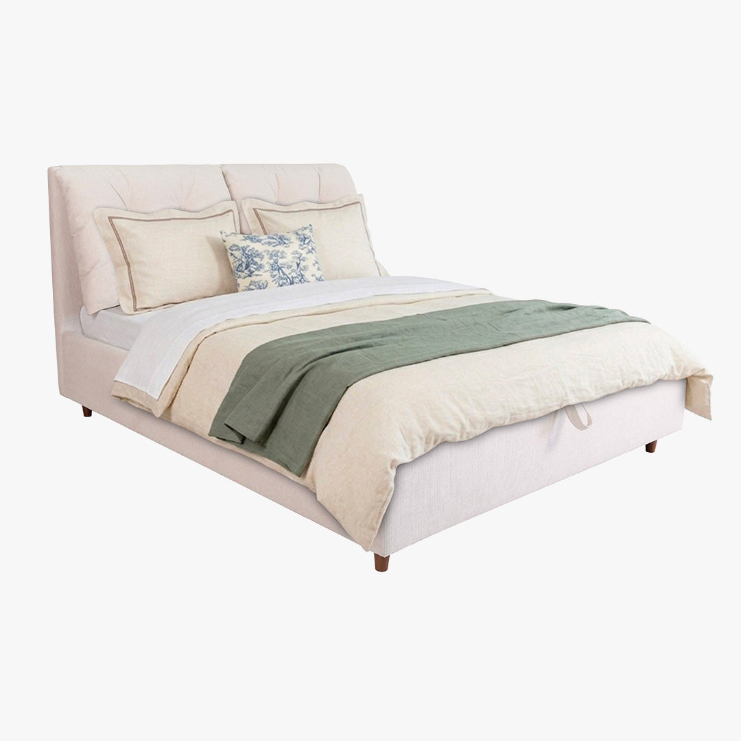 SORA Lit double en tissu beige avec coffre 140x190 cm