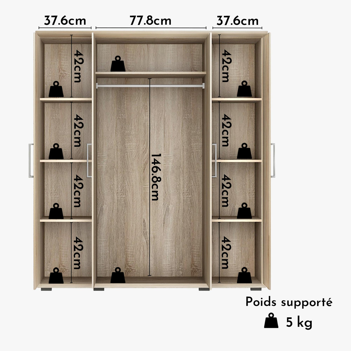 MIKE XXL Armoire 4 portes 7 étagères et penderie couleur chêne clair