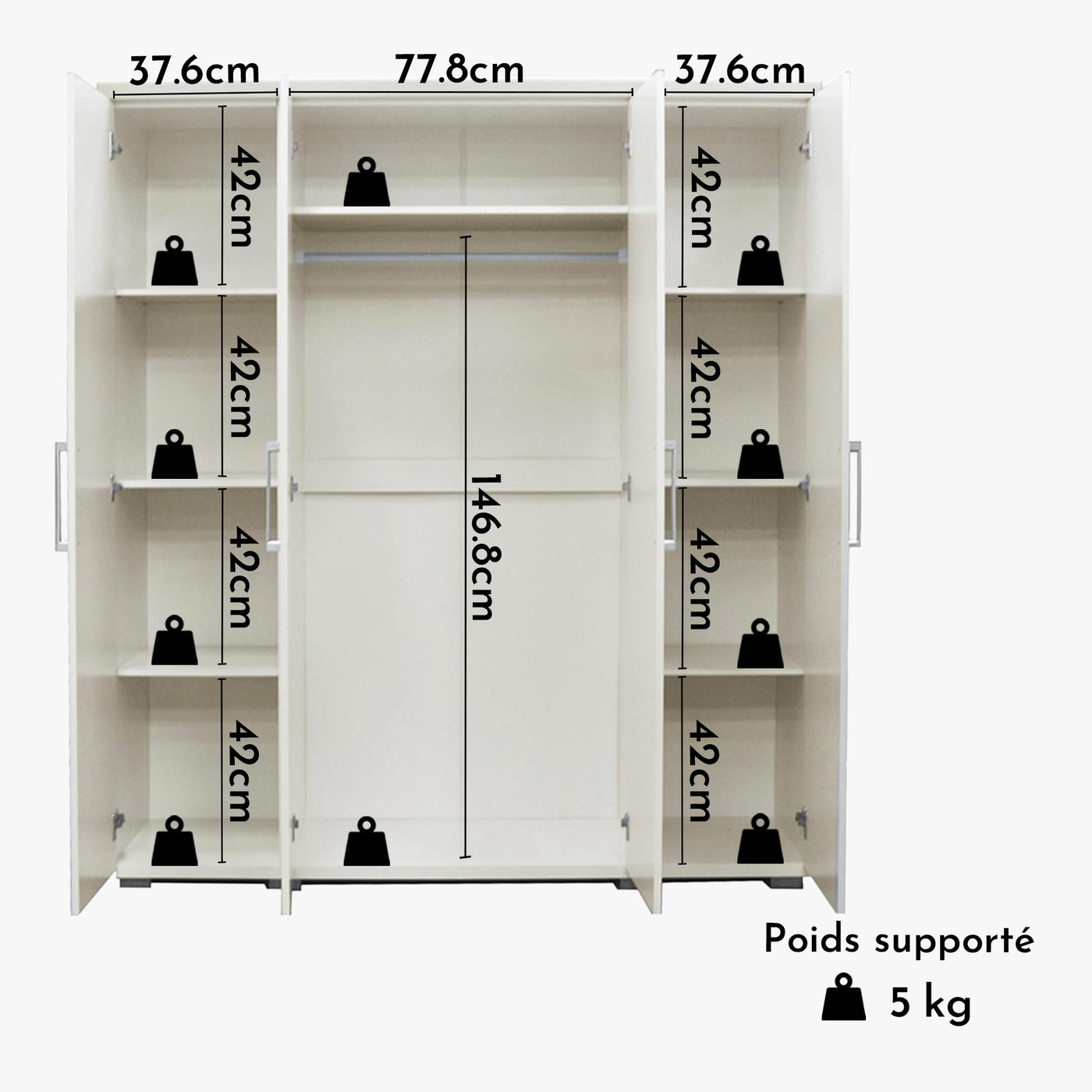 MIKE XXL Armoire 4 portes 7 étagères et penderie blanc