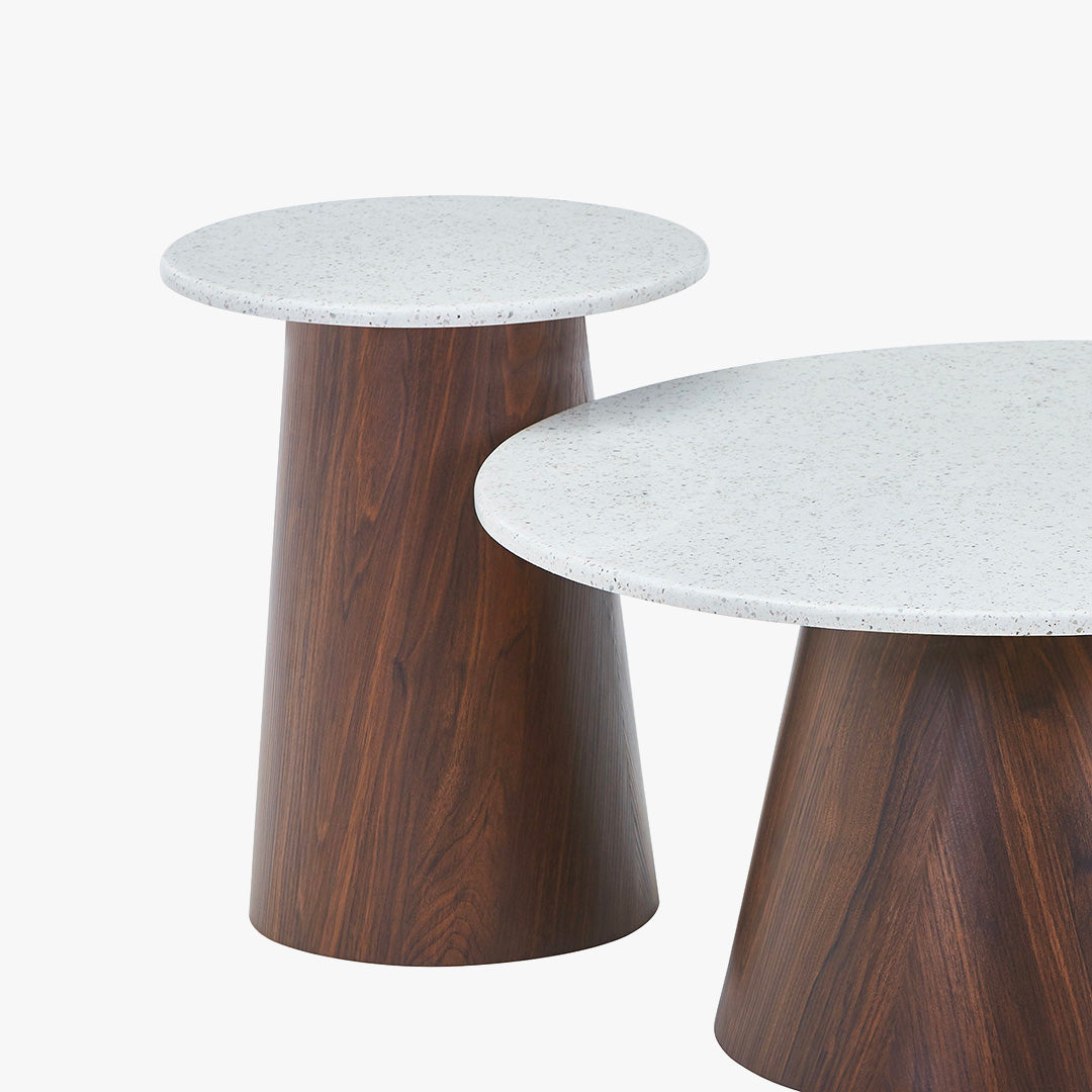 SANA - 40 Table d'appoint en marbre composite pieds couleur bois foncé D40 cm