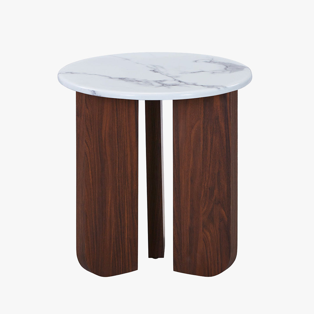 ELODIE - 45 Table d'appoint ronde en marbre composite pieds couleur bois foncé D45 cm