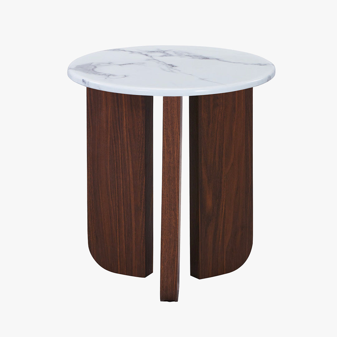 ELODIE - 45 Table d'appoint ronde en marbre composite pieds couleur bois foncé D45 cm
