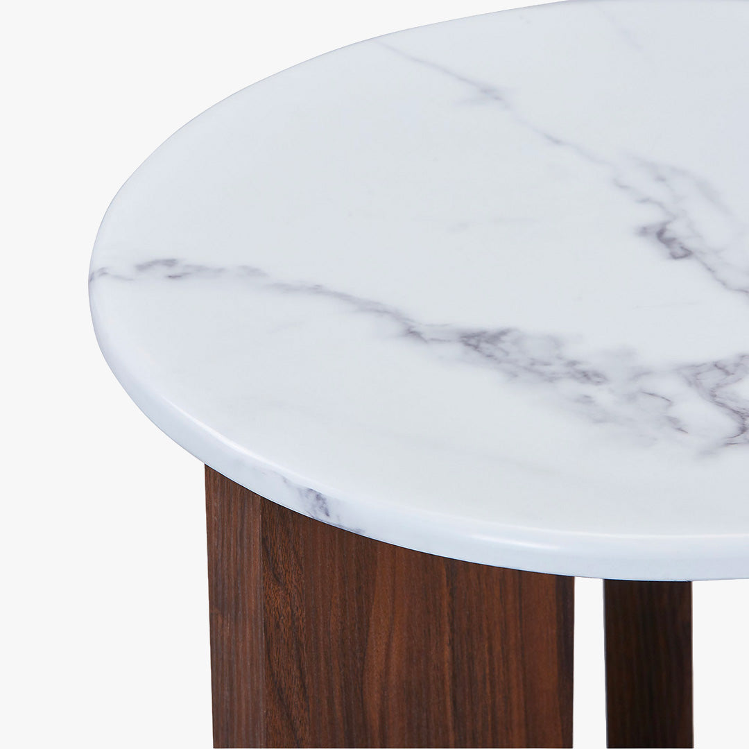 ELODIE - 45 Table d'appoint ronde en marbre composite pieds couleur bois foncé D45 cm