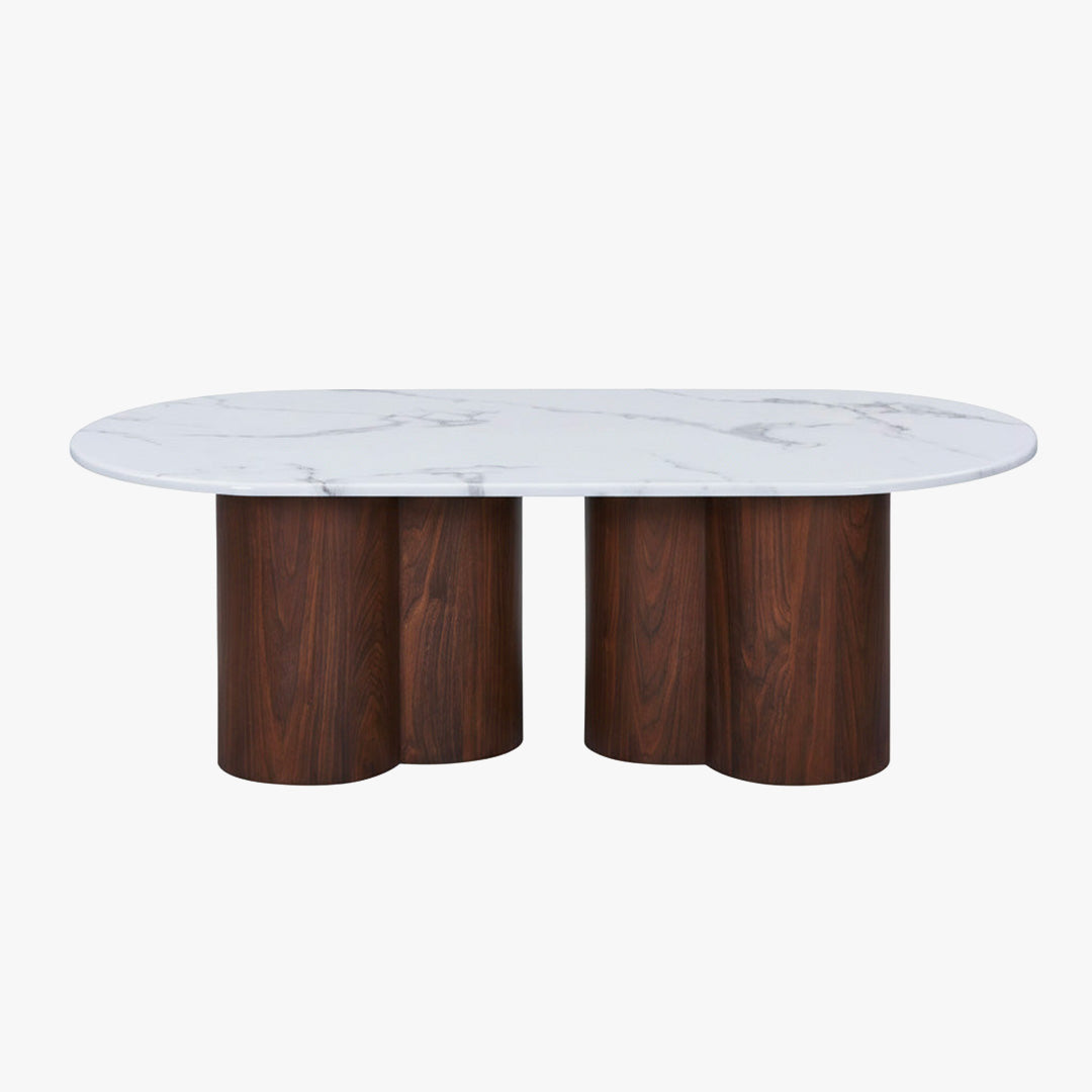 JASMINA Table basse ovale en marbre composite pieds couleur bois foncé 120 cm