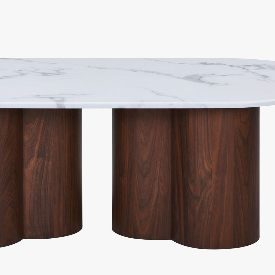 JASMINA Table basse ovale en marbre composite pieds couleur bois foncé 120 cm