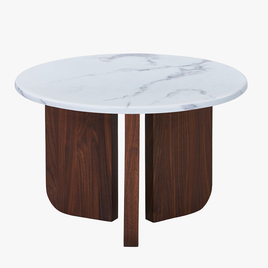 ELODIE XL Table à manger ronde en marbre composite pieds couleur bois foncé D120 cm