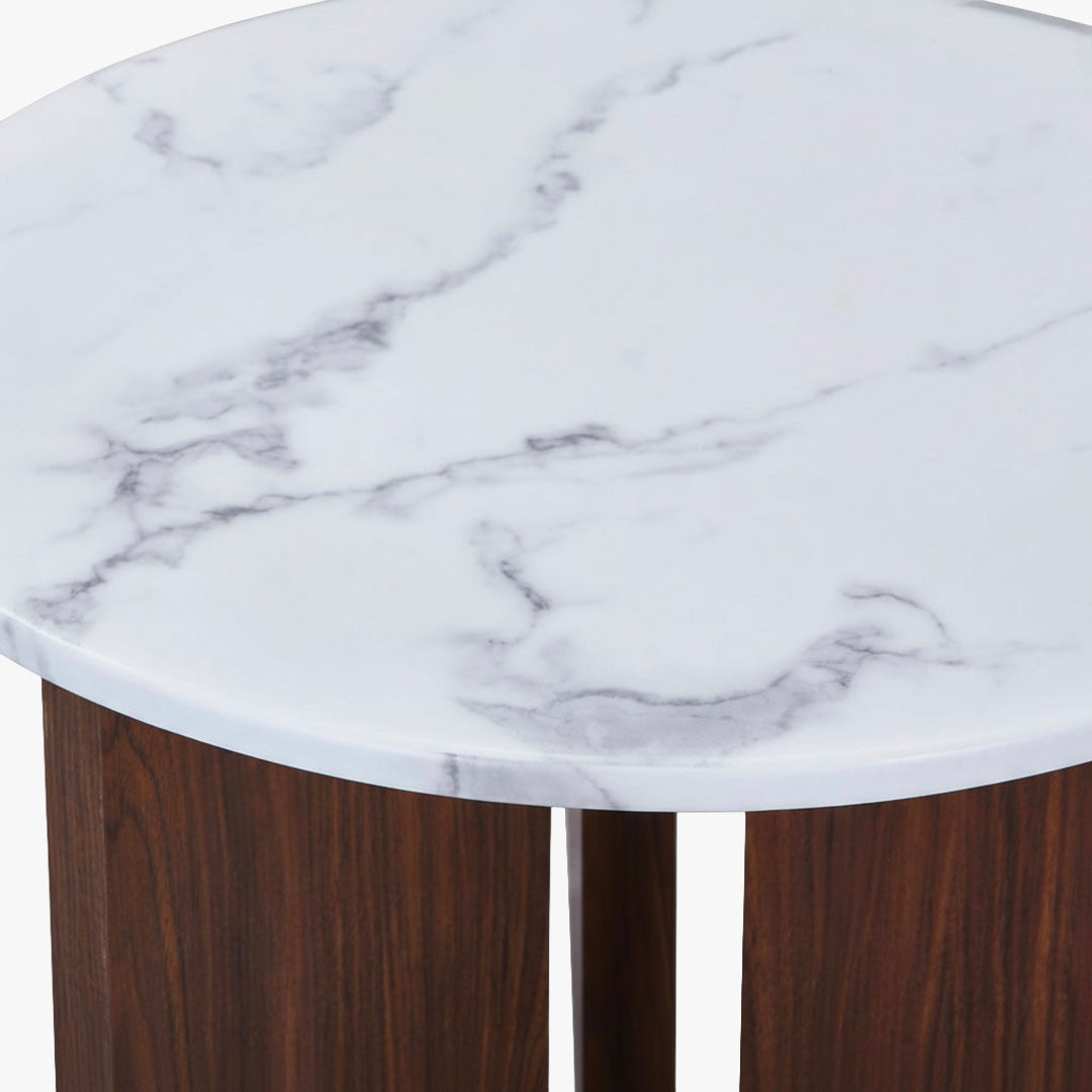 ELODIE XL Table à manger ronde en marbre composite pieds couleur bois foncé D120 cm