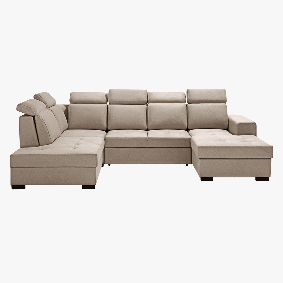 SACHA U Canapé panoramique convertible avec coffre en tissu taupe - Angle droit