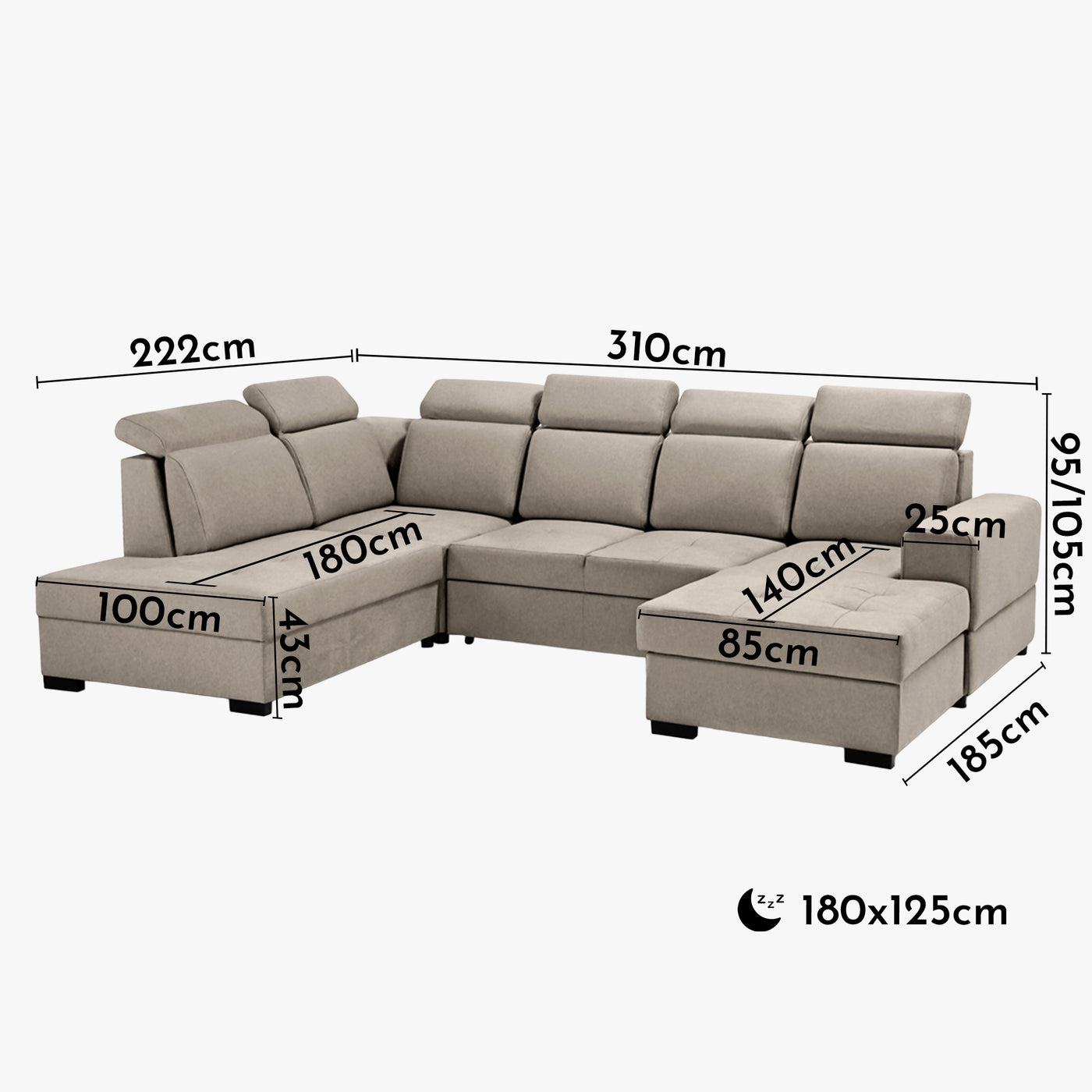 SACHA U Canapé panoramique convertible avec coffre en tissu taupe - Angle droit