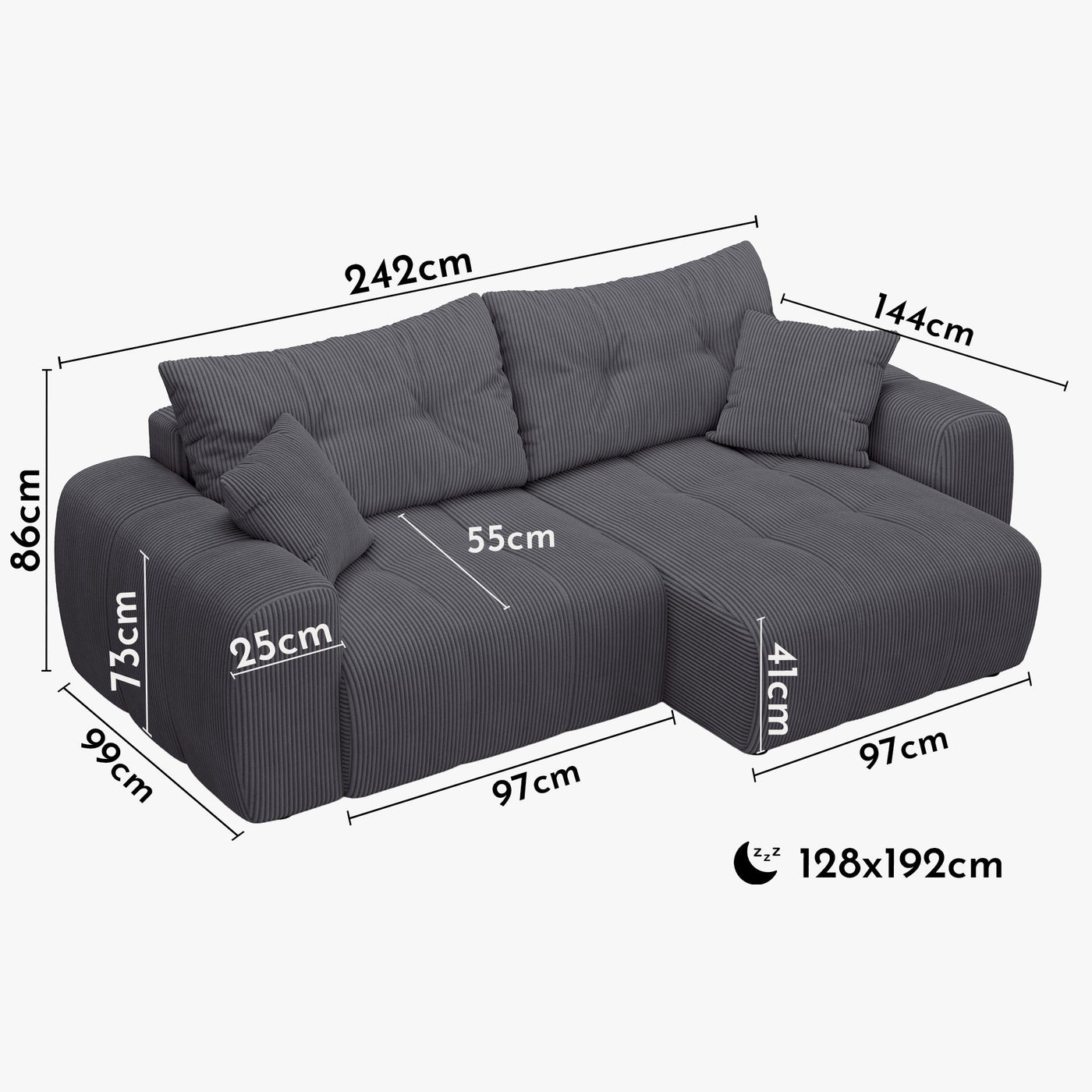 ALYA Canapé d'angle convertible et réversible avec coffre en velours côtelé gris foncé