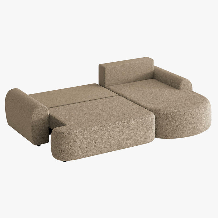 TAYLA Canapé d'angle convertible avec coffre en tissu bouclette taupe - Angle droit