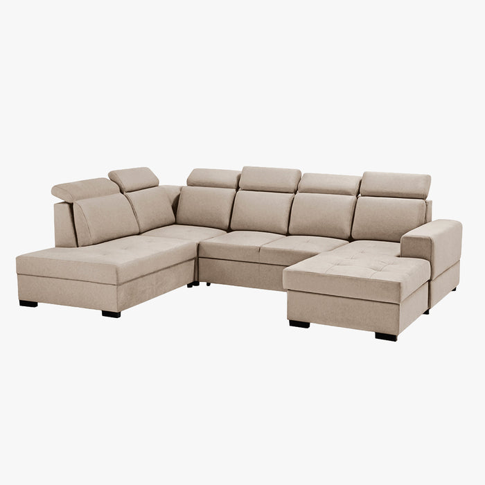 SACHA U Canapé panoramique convertible avec coffre en tissu beige - Angle droit