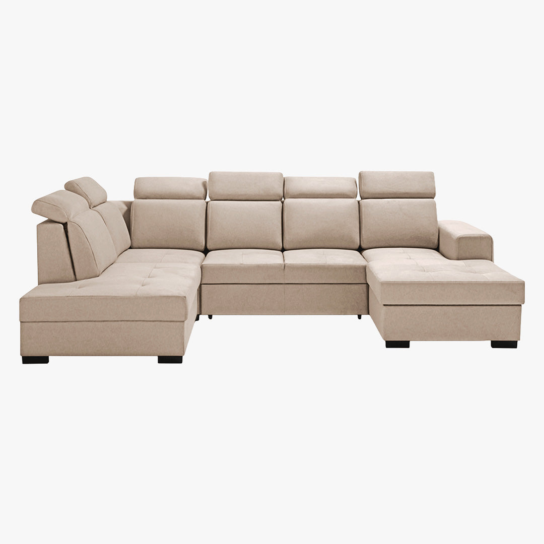 SACHA U Canapé panoramique convertible avec coffre en tissu beige - Angle droit