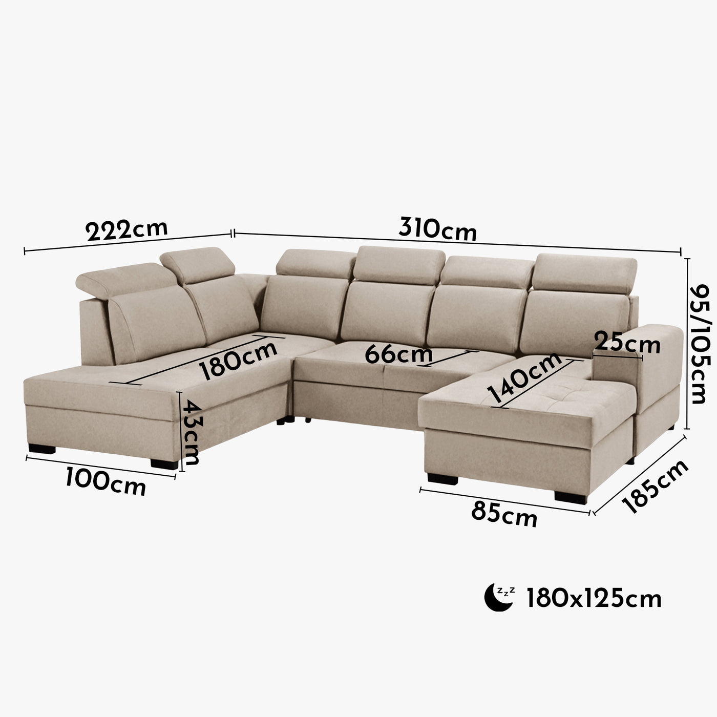 SACHA U Canapé panoramique convertible avec coffre en tissu beige - Angle droit