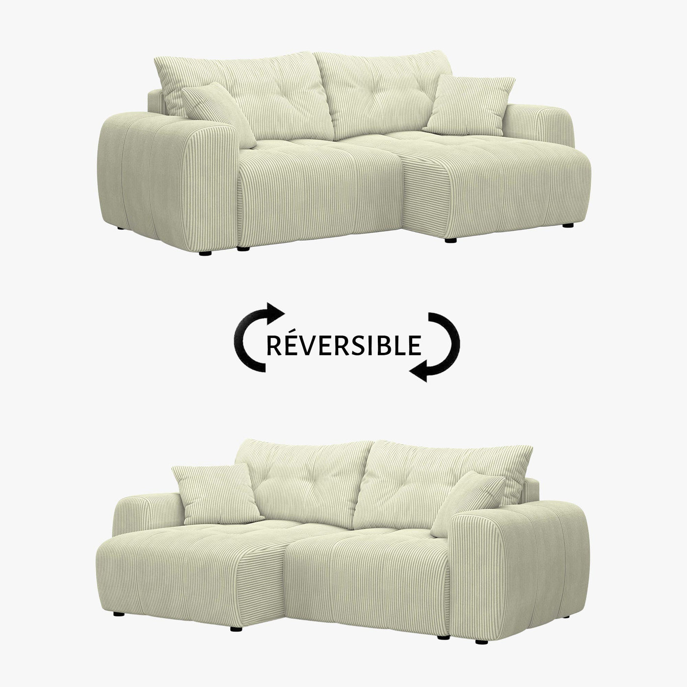 ALYA Canapé d'angle convertible et réversible avec coffre en velours côtelé beige