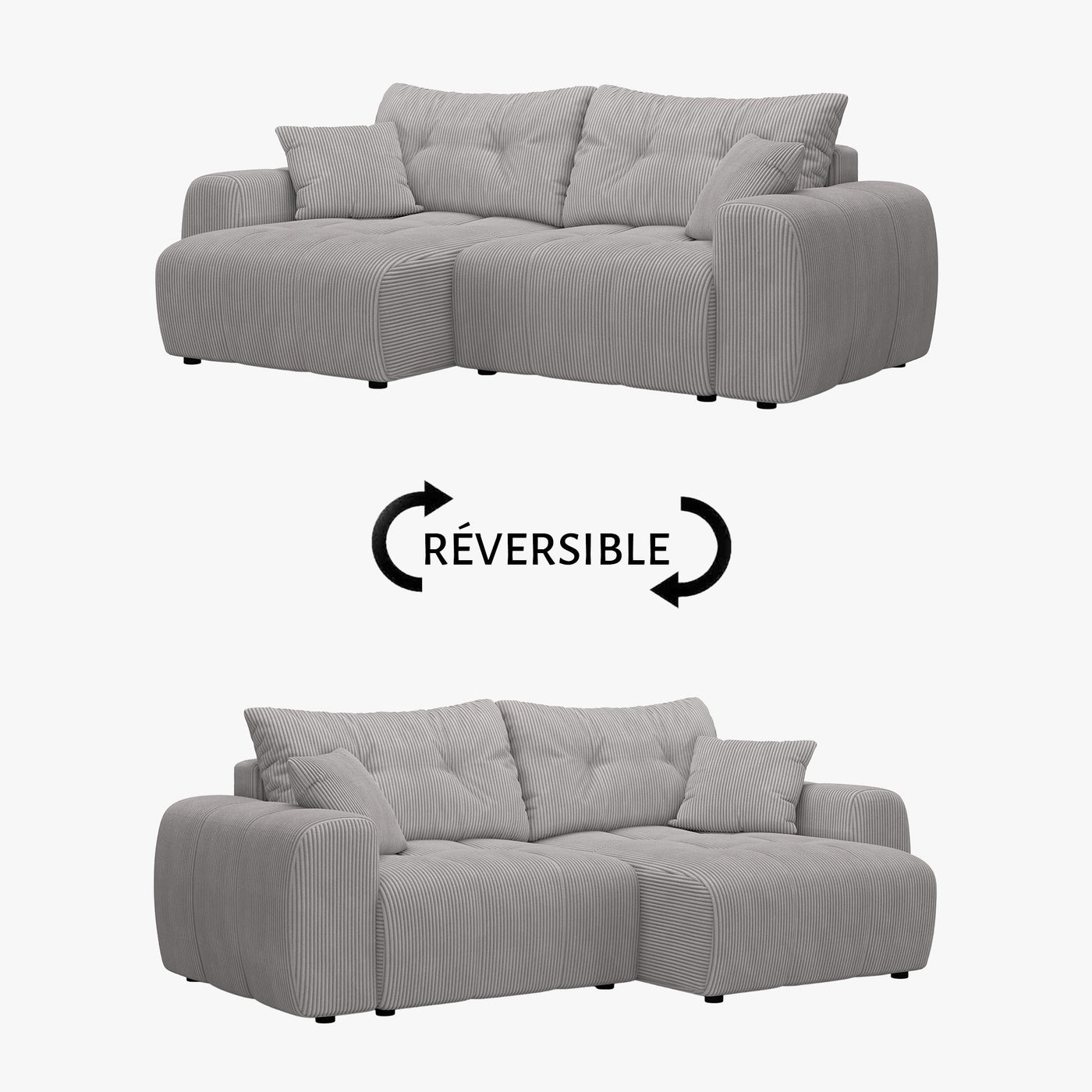 ALYA Canapé d'angle convertible et réversible avec coffre en velours côtelé gris clair