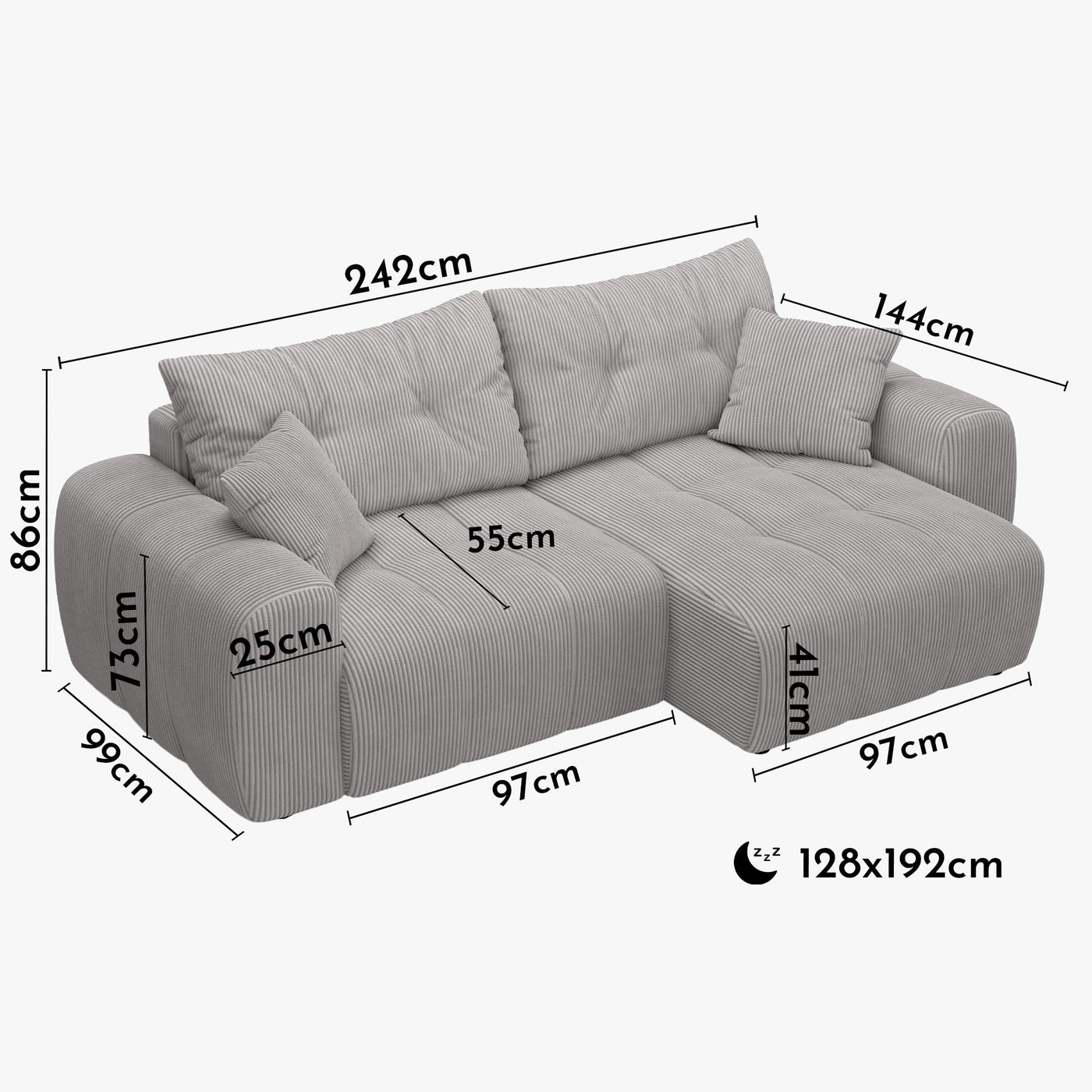 ALYA Canapé d'angle convertible et réversible avec coffre en velours côtelé gris clair