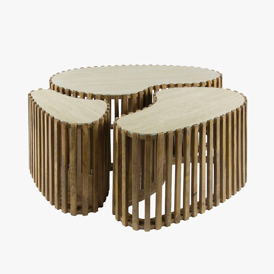 ORSA Lot de 3 tables en céramique beige et bois de manguier massif