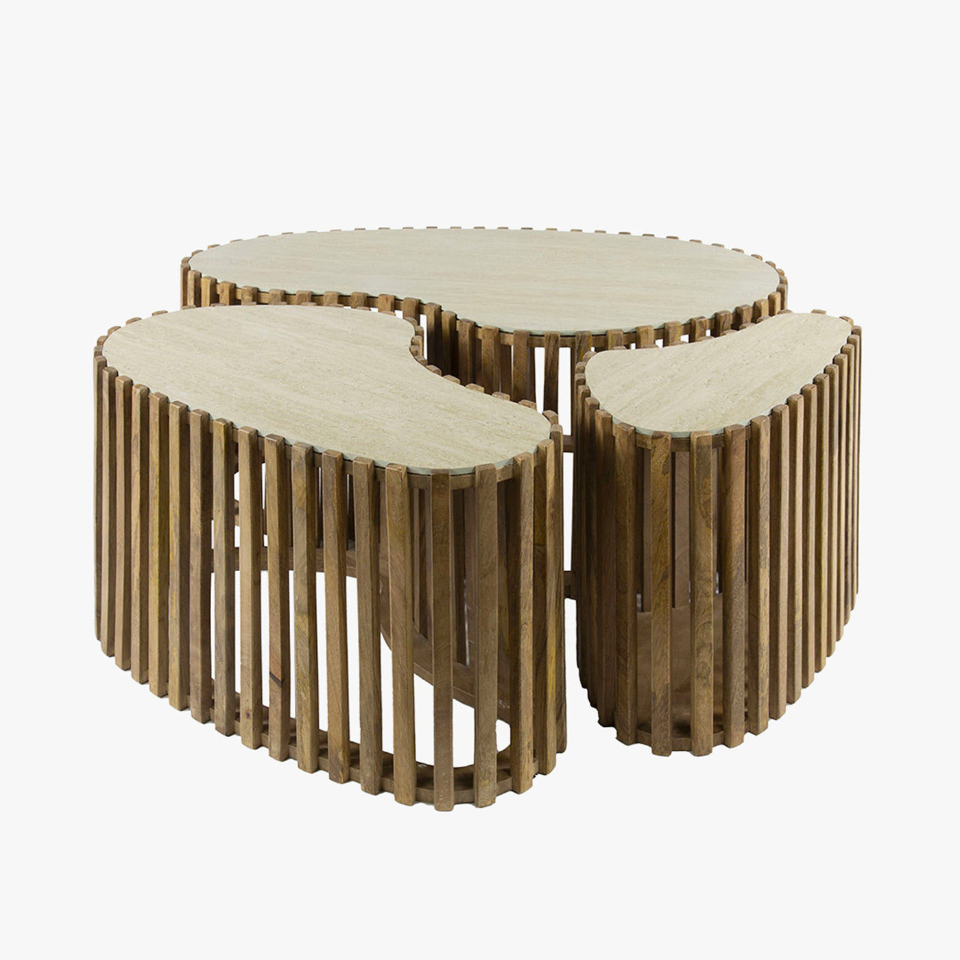 ORSA Lot de 3 tables en céramique beige et bois de manguier massif