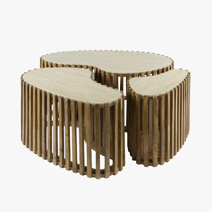 ORSA Lot de 3 tables en céramique beige et bois de manguier massif