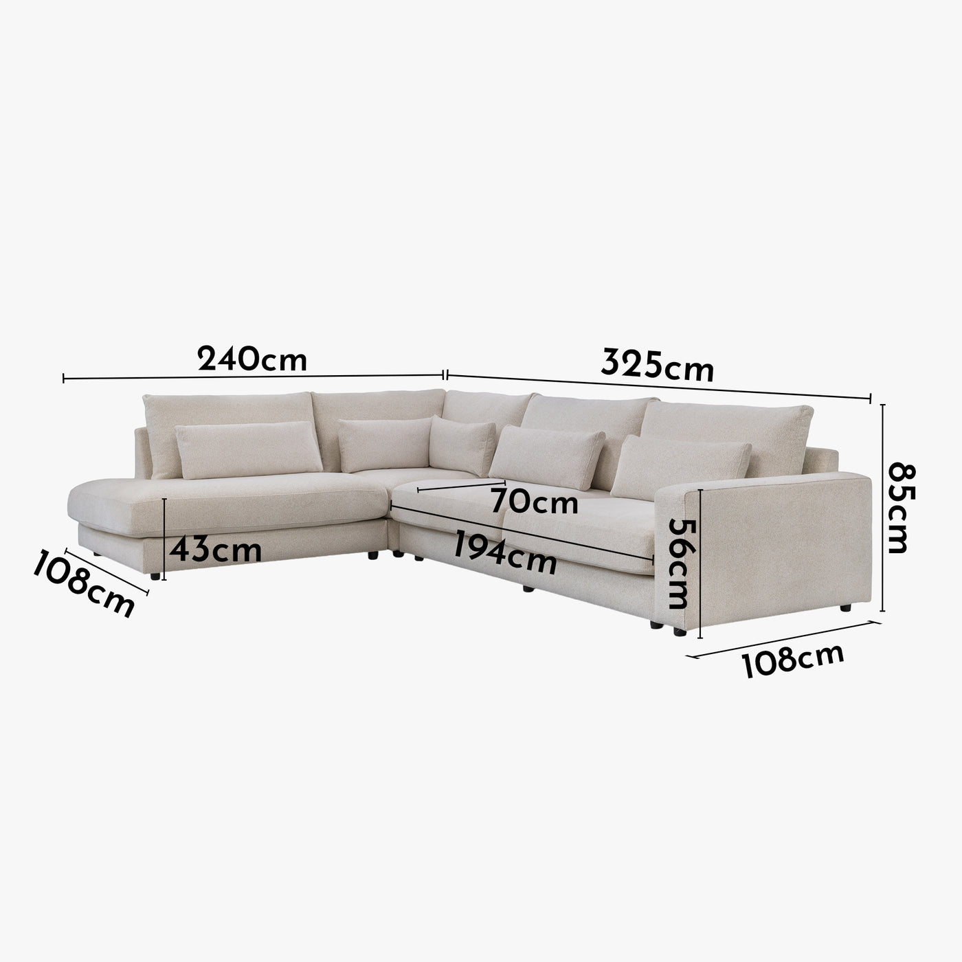 HILONA XL Canapé d'angle en tissu beige - Angle gauche