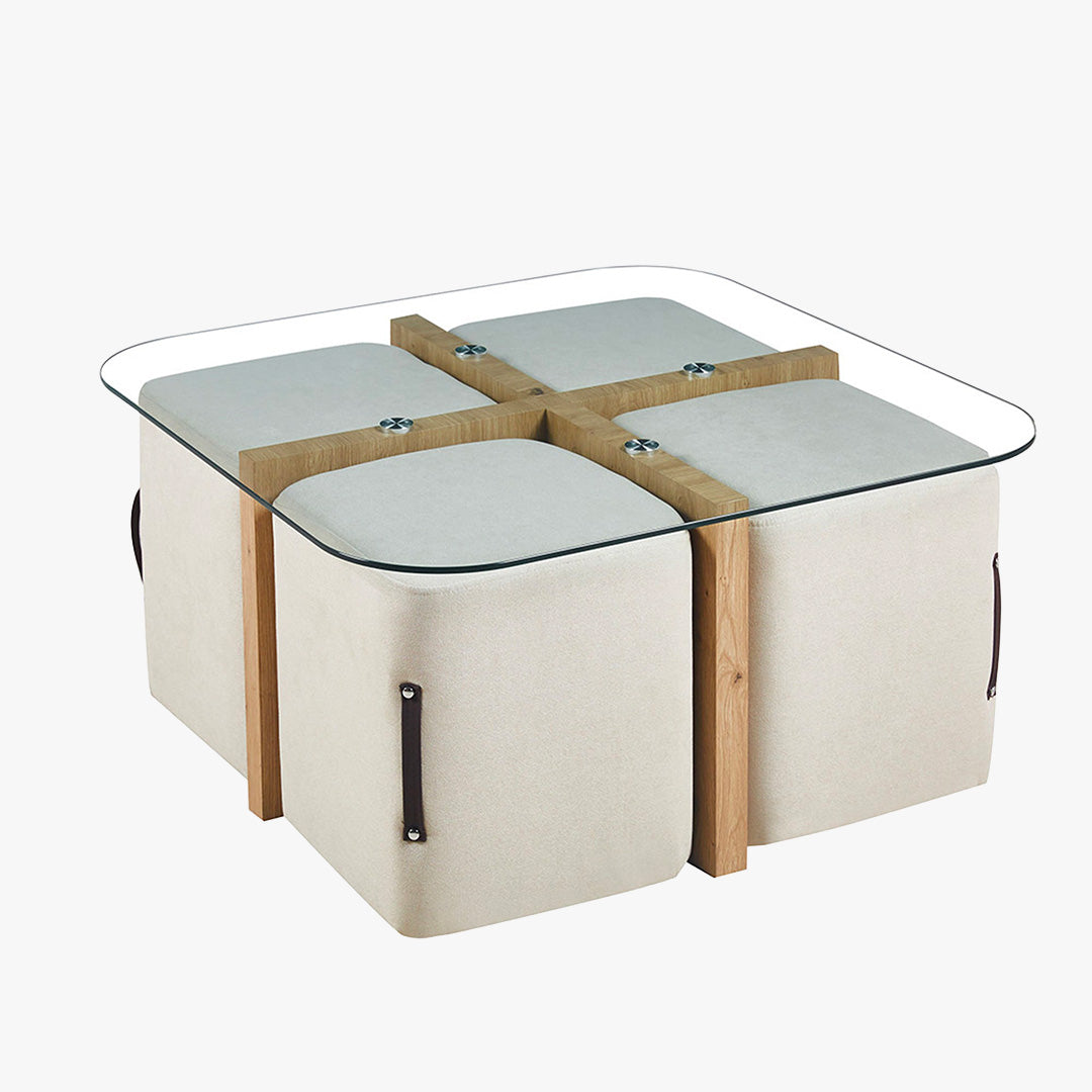 SHANA Table basse en verre socle couleur bois avec 4 poufs en tissu blanc écru