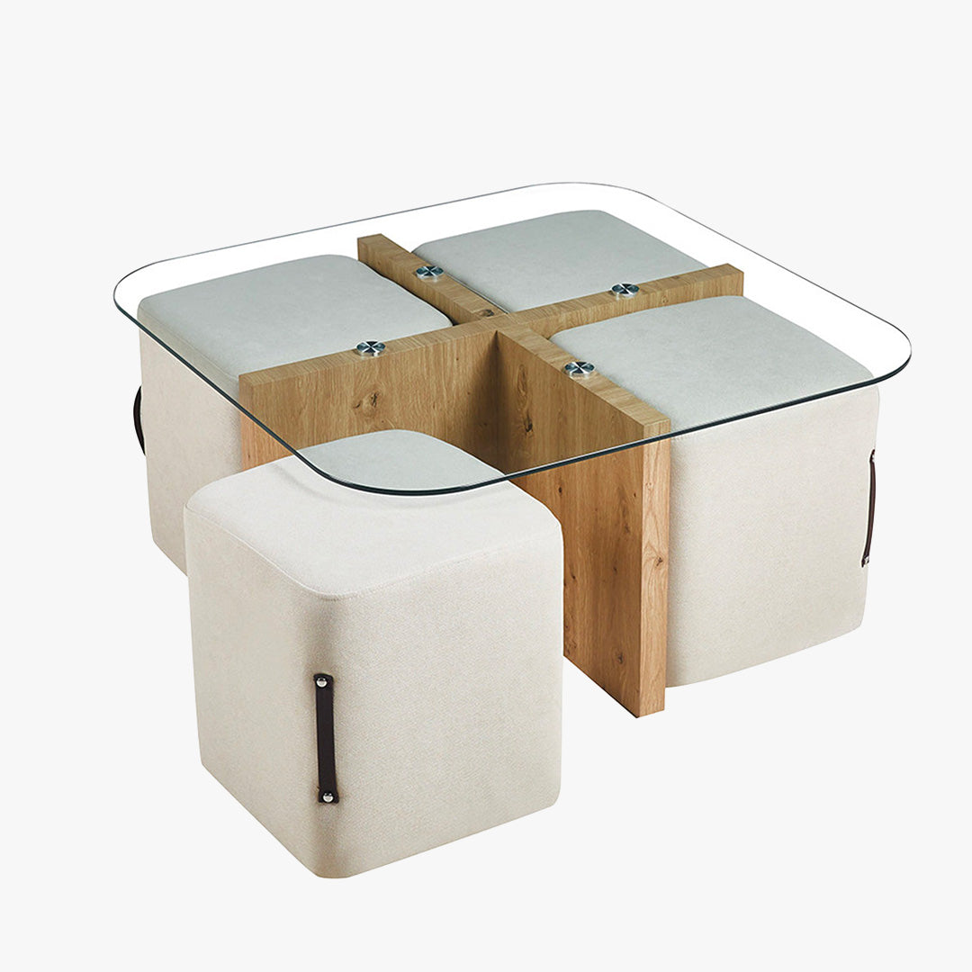 SHANA Table basse en verre socle couleur bois avec 4 poufs en tissu blanc écru