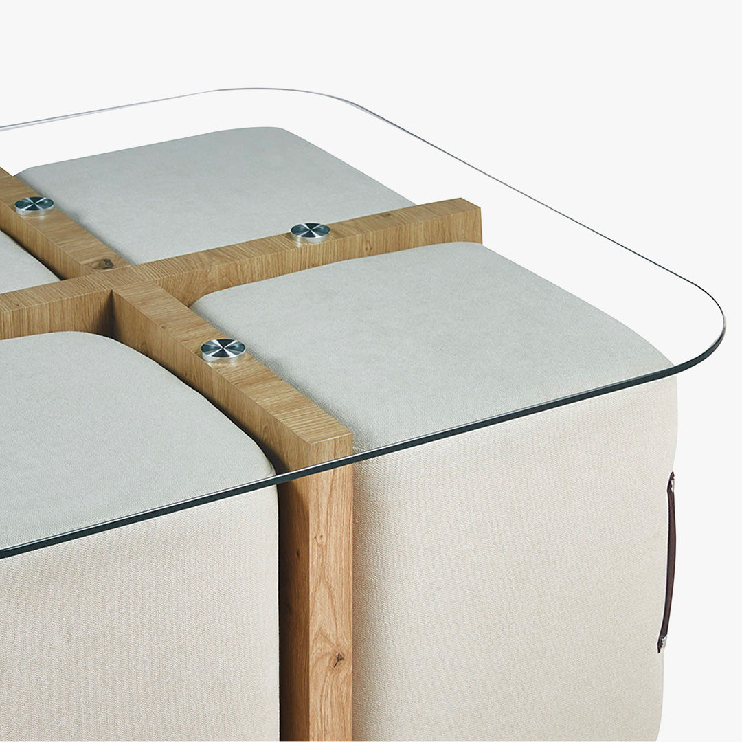 SHANA Table basse en verre socle couleur bois avec 4 poufs en tissu blanc écru