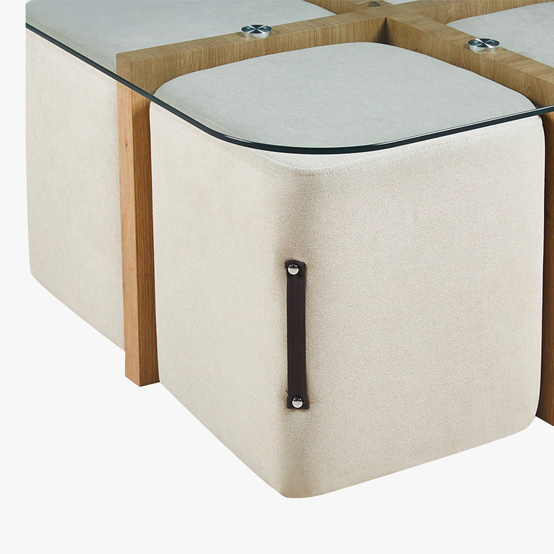 SHANA Table basse en verre socle couleur bois avec 4 poufs en tissu blanc écru