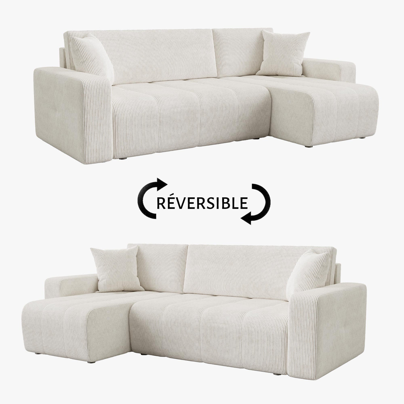 ALICIA MINI Canapé d'angle convertible et réversible avec coffre en velours côtelé beige