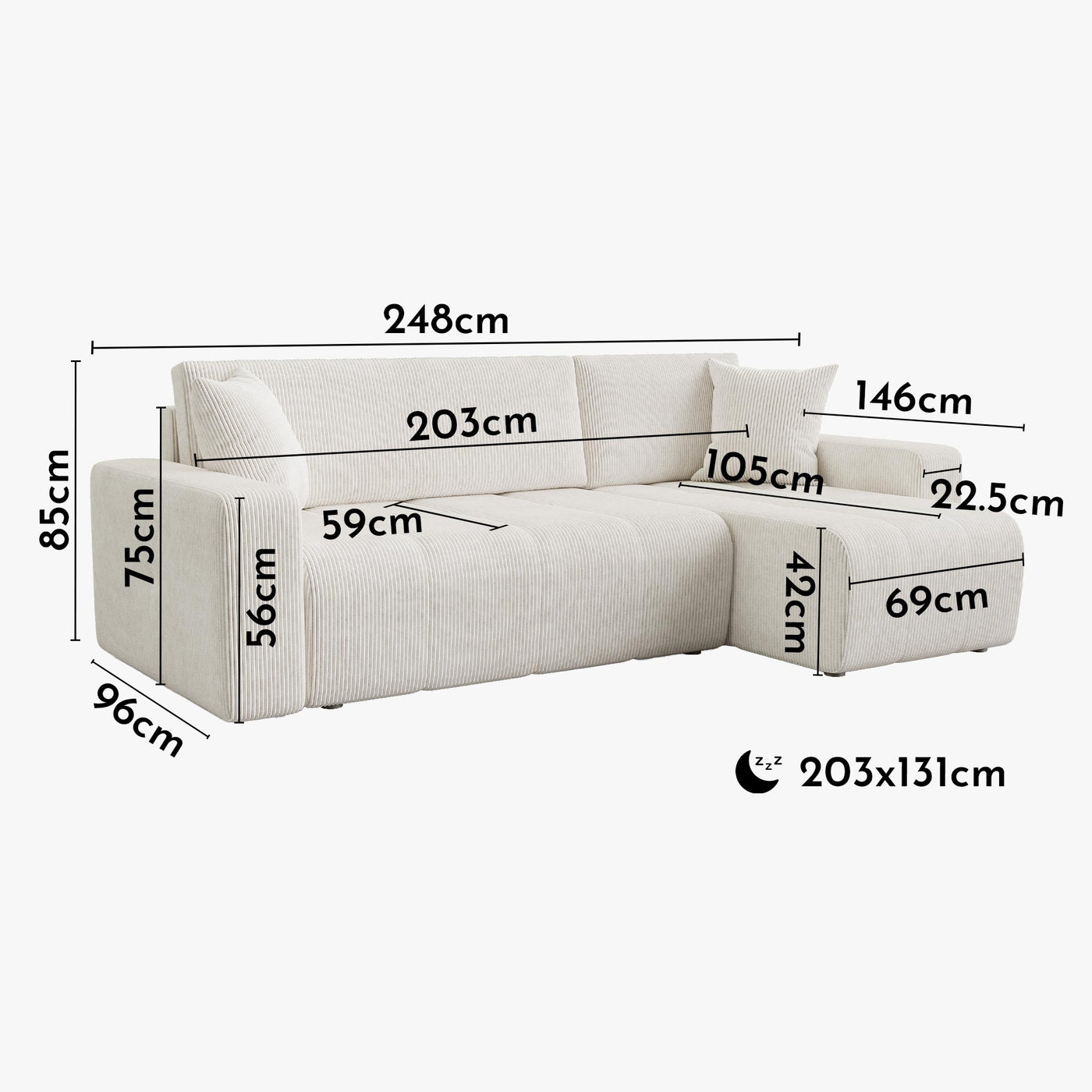ALICIA MINI Canapé d'angle convertible et réversible avec coffre en velours côtelé beige