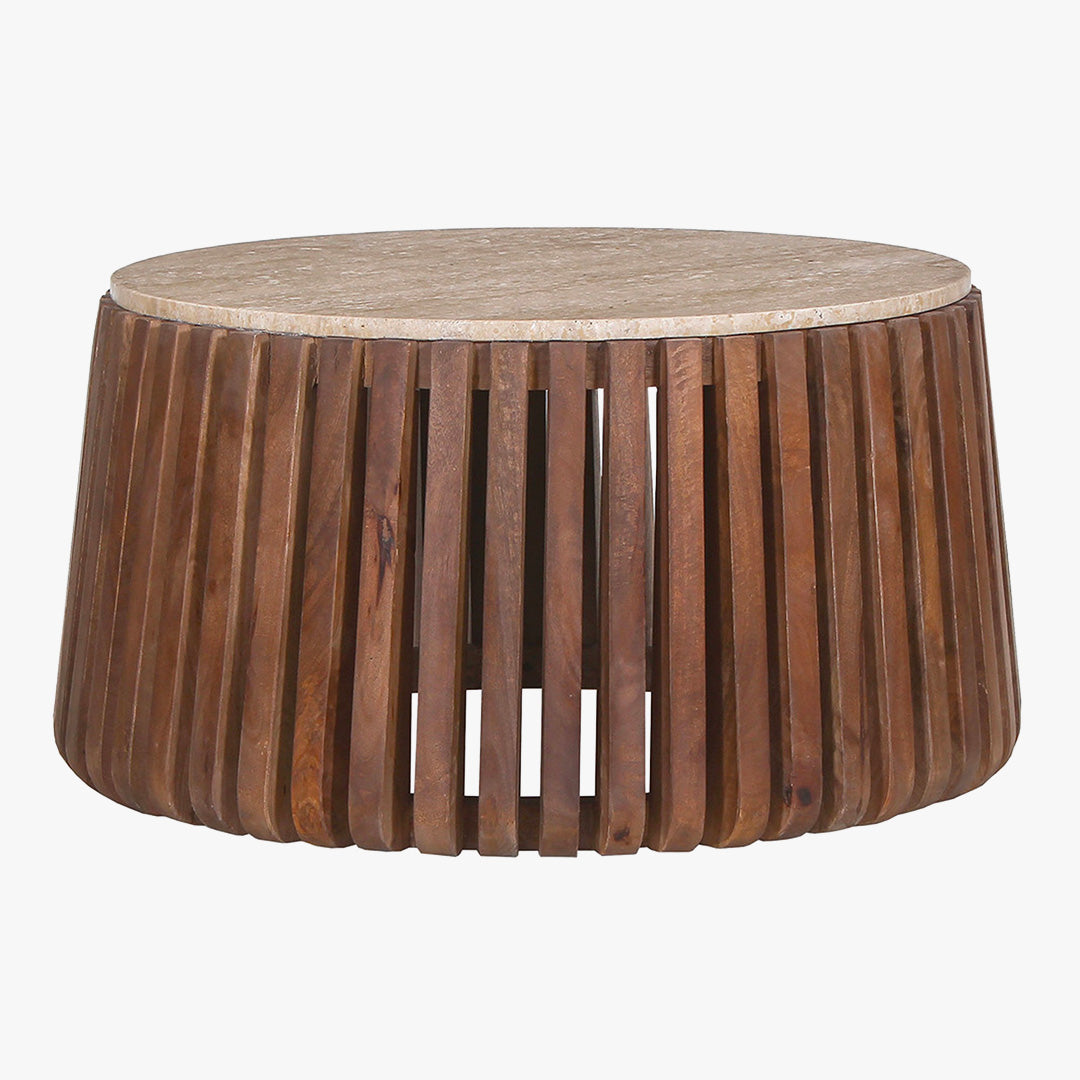 LUUK Table basse en travertin et bois de manguier 70 cm